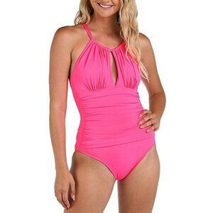 NWT Hot Pink Halter One-Piece Swimsuit Women L Keyhole Tummy Control Beach Resor